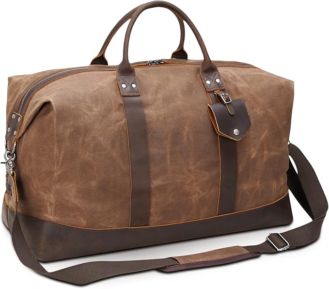 Polare 23” Waterproof Travel Duffel Bag Waxed Canvas Cowhide Leather Trim Luggage for Gym 55L Weekender Overnight Carry on Bag (Brown-23")