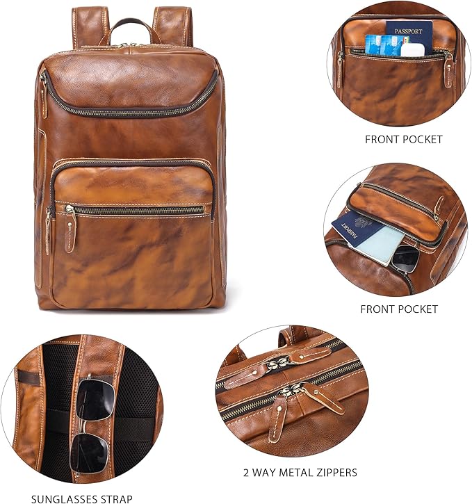 LANNSYNE Vegetable Tanned Leather Backpack For Men, 15.6" Leather Laptop Backpack Hiking Travel Bag Camping Rucksack