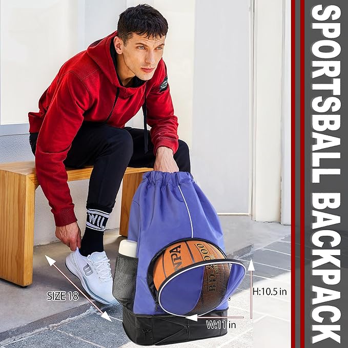 Basketball Backpack, 45 L Drawstring Sports Bag with Large Shoe Compartment and Wet Pockets for Women Men Gym Bag
