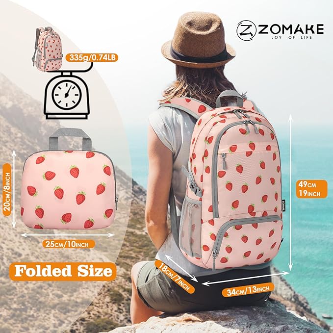 ZOMAKE Lightweight Packable Backpack 30L, Foldable Hiking Backpacks Water Resistant Compact Folding Daypack for Travel(Strawberry print)