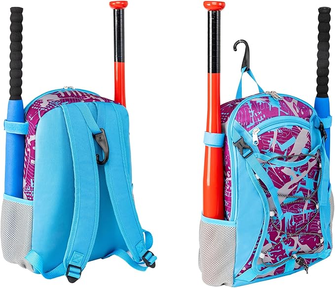 Youth Baseball Bat Bag Backpack, T-Ball & Softball Equipment Gear for Youth with Fence Hook, Lightweight Baseball Bat Backpack, Large Main Compartment for Helmet