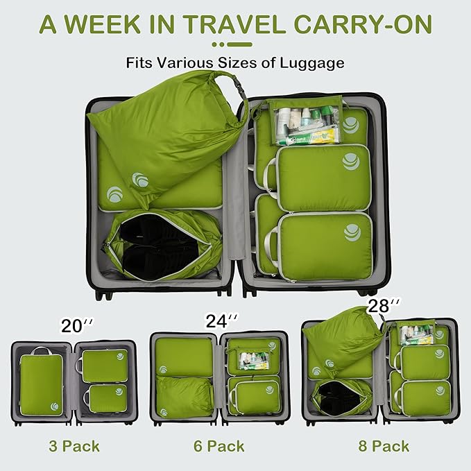 Cipway Compression Packing Cubes, Lightweight Travel Luggage Organizers with Shoe Bag, Toiletry Bag & Laundry Bag, Travel Essentials for Carry on Suitcase (8 Piece,Green)