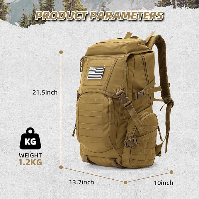 AUMENTAR 35L Military Tactical Backpack for Men,Water Resistant Assault Pack for Women,Khaki Molle Daypack 3 Day Bug Out Bag Rucksack for Trekking, Camping,Survival,EDC