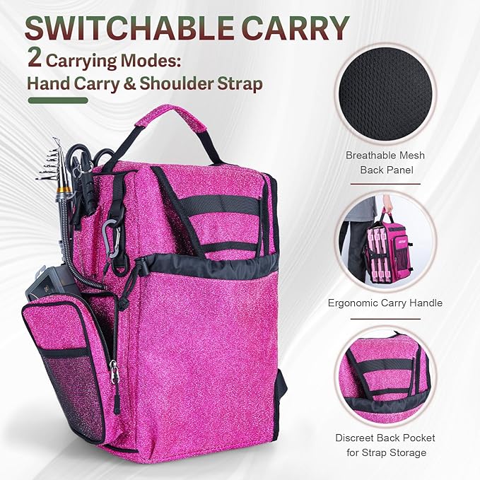 Goture OpenSide Fishing Sling Tackle Storage Bag with 3 3700 Tackle Boxes,Lures & Fishing Tools, Lightweight Fishing Backpack Storage for Fishing Gear-Shimmering Pink Bag, Gift for Women