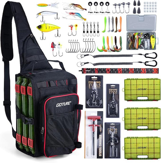 Goture OpenSide Fishing Sling Tackle Storage Bag with 3 3700 Tackle Boxes, Lightweight Fishing Backpack Storge Fishing Gear - Black Bag for Fishing,Gift for men