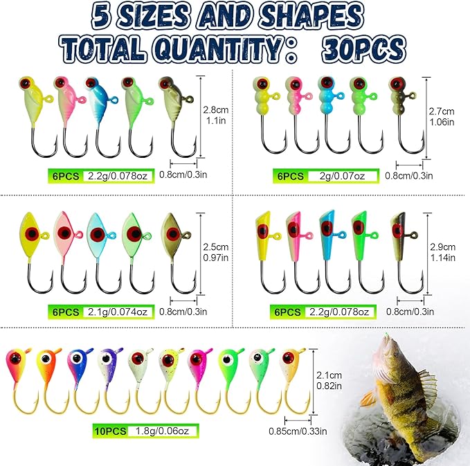 Ice Fishing Jigs Kit with Hard Box, 5 Styles Glow Jig Heads for Crappie, Walleye, Perch, Panfish. 30Pcs Premium Set with 3D Eyes - Portable Ice Fishing Gift & Tackle