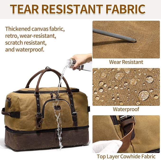 Nerlion Weekender Bag with Shoe Compartment Large Overnight Bag for Men Canvas Genuine Leather Carry on Luggage Bag Travel Duffel Bag(Brown)