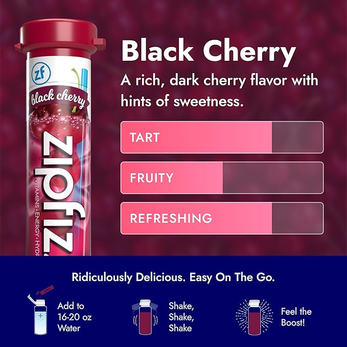 Zipfizz Daily Energy Drink Powder, Black Cherry, 20 Pack | 3-in-1 Sustained Energy, Rapid Hydration, and Essential Vitamins | Sugar-Free | Electrolyte Powder | Contains Vitamin B-12 & Antioxidants