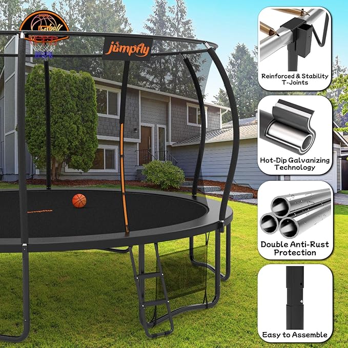 jumpfly Tranpoline 8/10/12/14/15/16FT Tranpoline Outdoor for Kids and Adults Recreational Tranpolines with Basketball Hoop, Anti-Rust Ladder, ASTM Approved