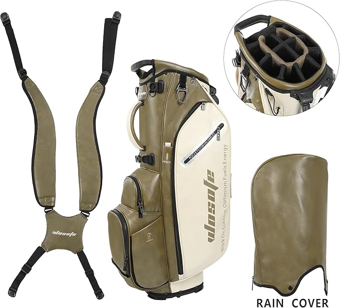 WOSOFE PU Golf Bag with 6/14 Way Top Dividers Automatically Adjustable Dual Straps Elegant Design for Men Women Pu Golf Stand Bag with Multiple Pockets