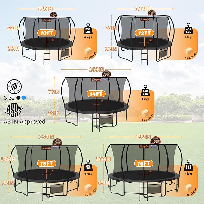 jumpfly Tranpoline 8/10/12/14/15/16FT Tranpoline Outdoor for Kids and Adults Recreational Tranpolines with Basketball Hoop, Anti-Rust Ladder, ASTM Approved