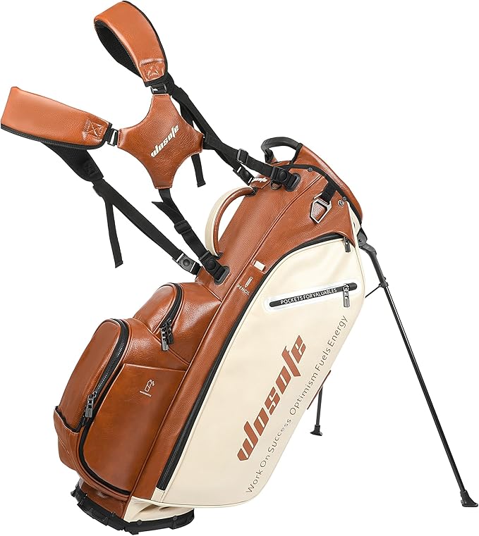 WOSOFE PU Golf Bag with 6/14 Way Top Dividers Automatically Adjustable Dual Straps Elegant Design for Men Women Pu Golf Stand Bag with Multiple Pockets