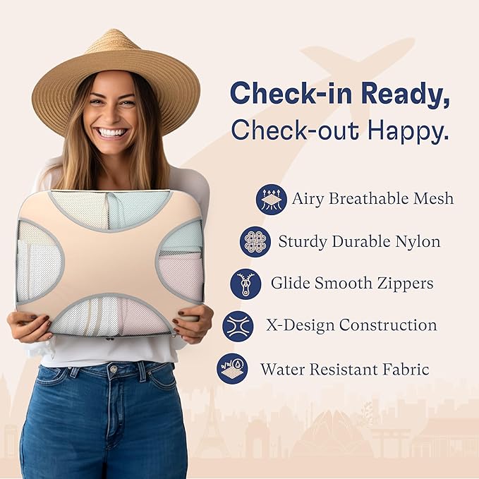 Shacke Premium 5 Packing Cubes Set - Lightweight Mesh Travel Luggage Organizers with Laundry Bag, 5-Piece Suitcase Storage System (Nude Beige)