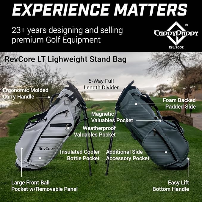 RevCore LT Lightweight Golf Stand Bag by CaddyDaddy – Premium Synthetic Leather Carry Golf Bag for Men & Women with 5-Way Divider, Cooler Pocket, Dual Strap – Golf Bag with Stand