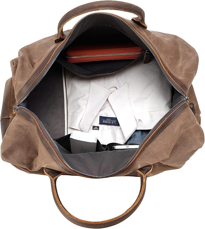 Polare 23” Waterproof Travel Duffel Bag Waxed Canvas Cowhide Leather Trim Luggage for Gym 55L Weekender Overnight Carry on Bag (Brown-23")