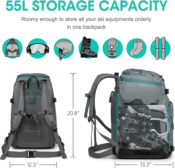 Ski Boot Bag, 55L/70L Waterproof Ski and Snowboard Boots Travel Backpack for Skis, Snowboard, Ski Helmet, Goggles, Gloves & Accessories
