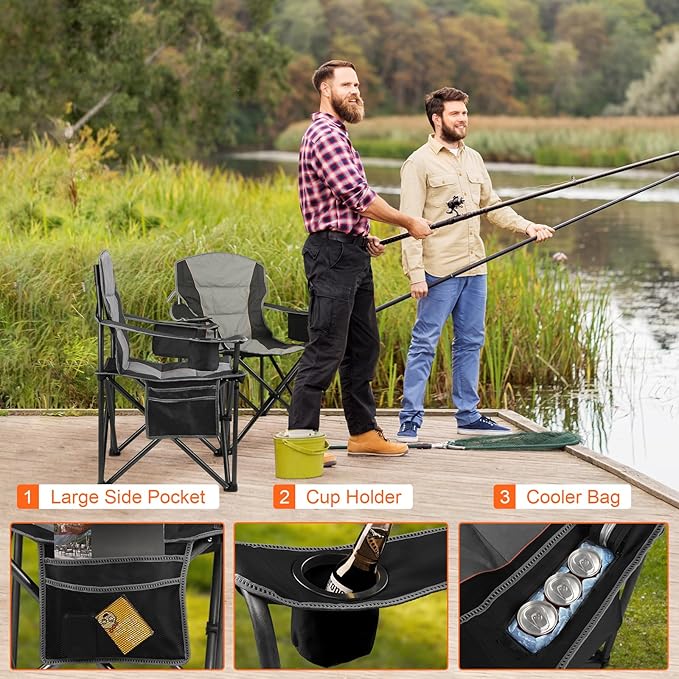 2 Pack Padded Oversized Camping Chairs for Adults,Heavy Duty Support 400 Lbs,Folding Portable Lawn Chair w/Cup Holder,Cooler Bag,Side Pocket,Perfect for Outdoor Picnic,Hiking(Black)