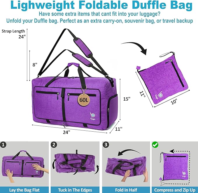 Bago Foldable Duffel Bags for Traveling Women & Men - 60L Medium Packable Duffle Bag for Travel with Shoe Compartment - Water Repellant, Heavy Duty, Lightweight Folding & Collapsible (SnowDepPurple)