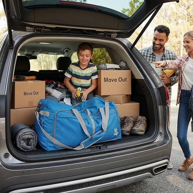 Bago Large Foldable Duffel Bags for Traveling Women & Men - 120L Packable Duffle Bag for Travel with Shoe Compartment - Water Repellant, Heavy Duty, Lightweight Folding & Collapsible (Blue)