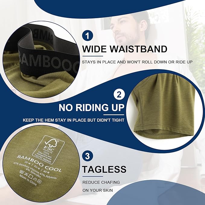 BAMBOO COOL Men's Underwear Breathable Boxer Briefs with Fly Moisture-Wicking Lightweight Underwear 7-Pack