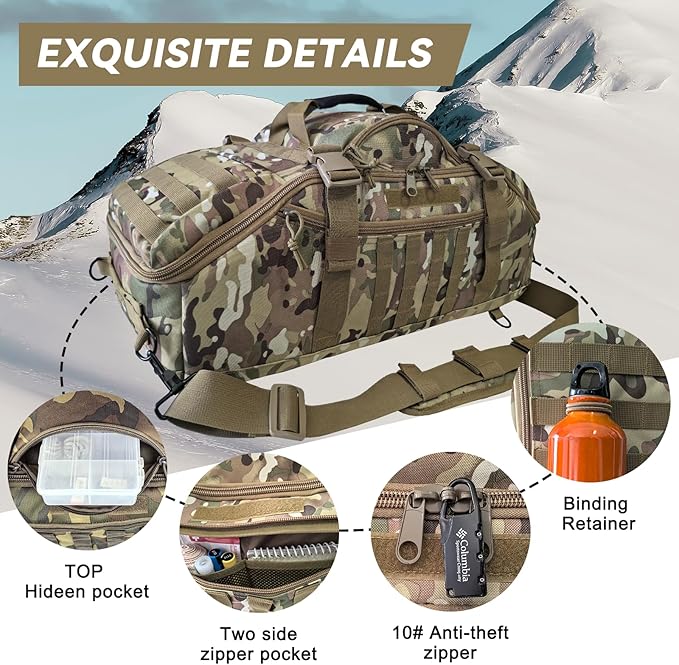 55L Large Duffle Bag, 3-in-1 Tactical Backpack MOLLE Pack for Sports, Gym, Outdoor, CP