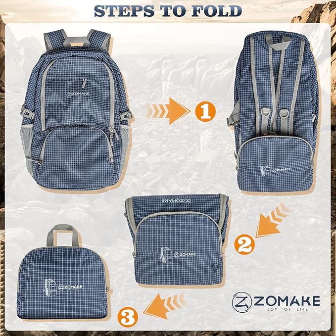 ZOMAKE Lightweight Packable Backpack 30L, Foldable Hiking Backpacks Water Resistant Compact Folding Daypack for Travel(Plaid Royal Blue)