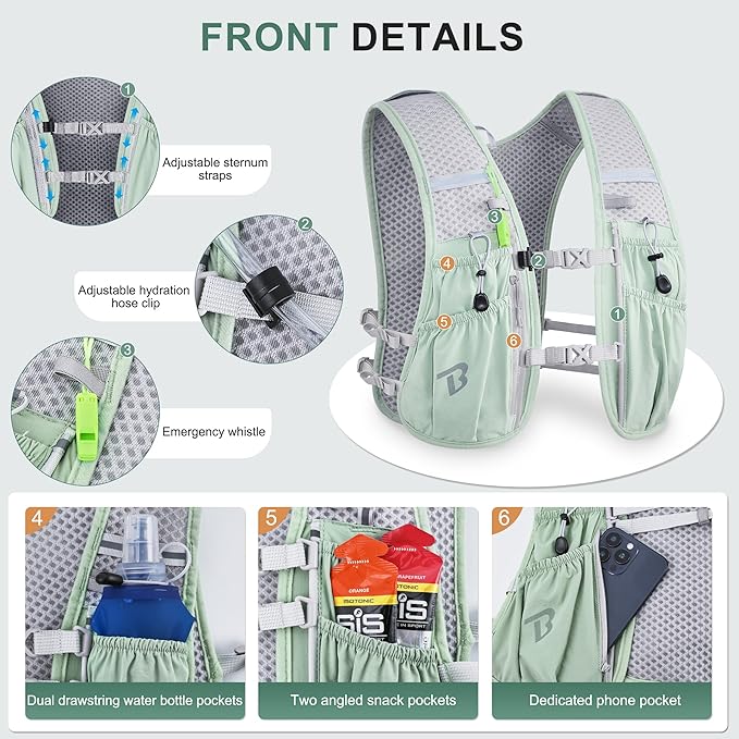 BECOJADDE Running Vest Hydration Backpack for Men Women, 5L Lightweight Running Backpack Hydration Pack for Marathon, Trail, Cycling, Hiking, Jogging