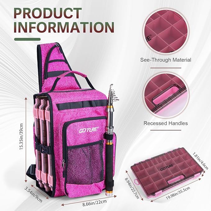 Goture OpenSide Fishing Sling Tackle Storage Bag with 3 3700 Tackle Boxes,Lures & Fishing Tools, Lightweight Fishing Backpack Storage for Fishing Gear-Shimmering Pink Bag, Gift for Women