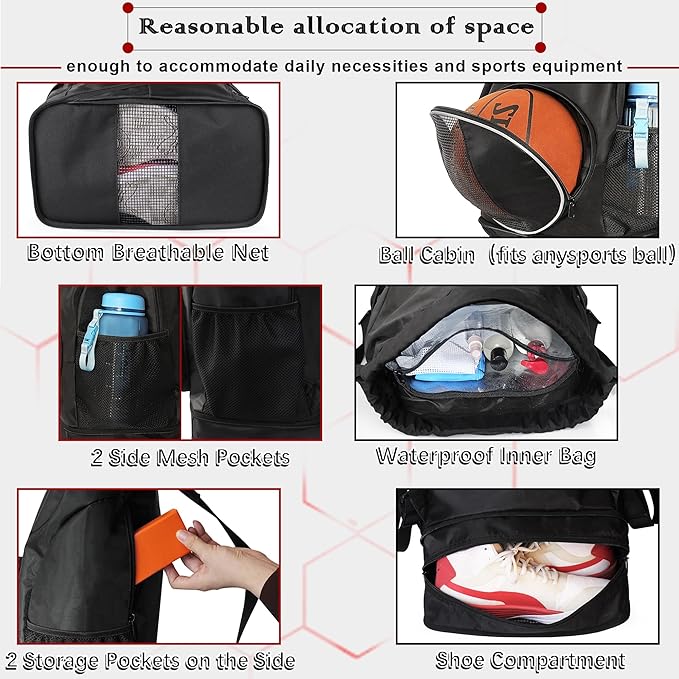 Basketball Backpack, 45 L Drawstring Sports Bag with Large Shoe Compartment and Wet Pockets for Women Men Gym Bag
