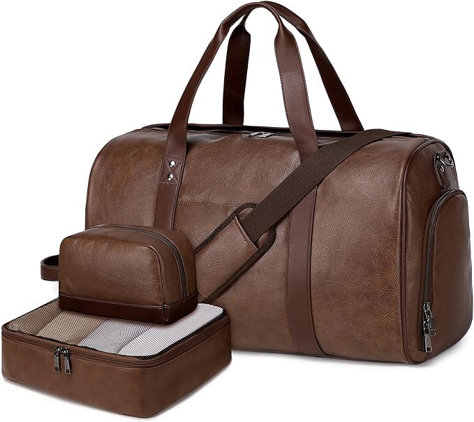 Wogarl 3PCS Faux Leather Weekender Bag for Women Men Large Overnight Travel Duffel Bags with Shoe Compartment Toiletry Packing Cube Carry On Duffle Fit 21" Laptop(Coffee)