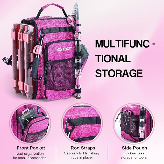 Goture Pink Fishing Rod and Reel Combo with 3700 trays - Spinning Reel Pole with Shimmering Pink Sling Bag - 8FT Telescopic Rod Kit for Starter Travel Saltwater Freshwater