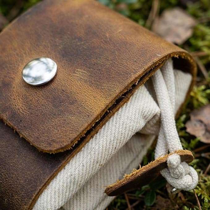 Toprank Leather Foraging Pouch – Collapsible Canvas and Leather Belt Bag for Hiking, Mushroom, Rock & Shell Collecting (Camel/Off-White)