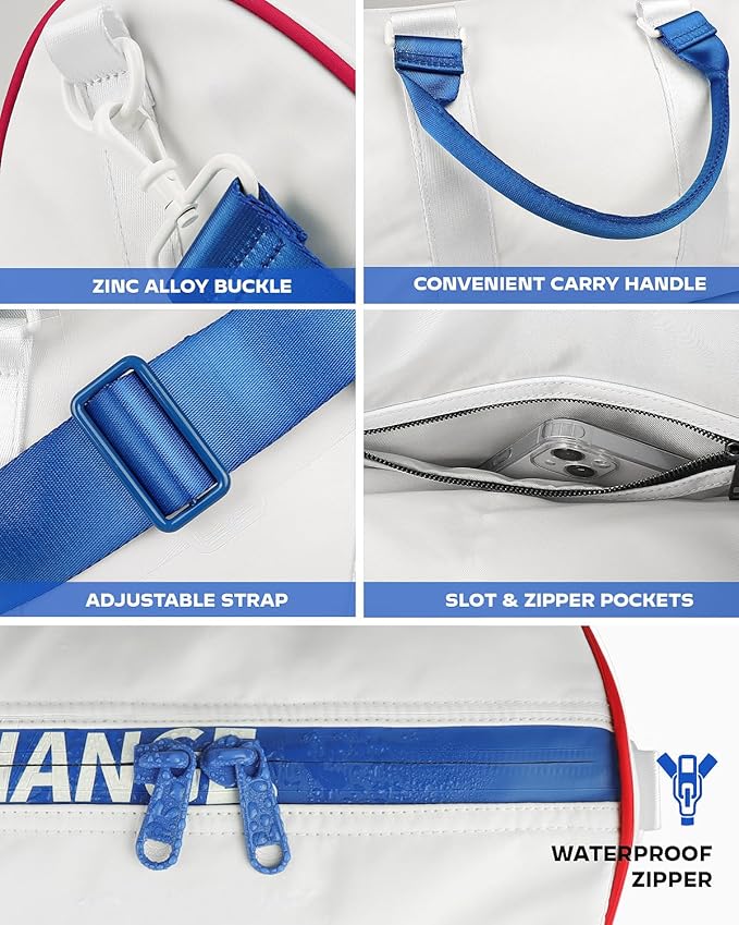 4Pcs/Set Waterproof Sports Duffel Bag 1000D Nylon Durable Gym Bags for Men and Women Overnight Bag with 3 Accessory Bags of Wet & Dry Separation Upgrades 2.0 White