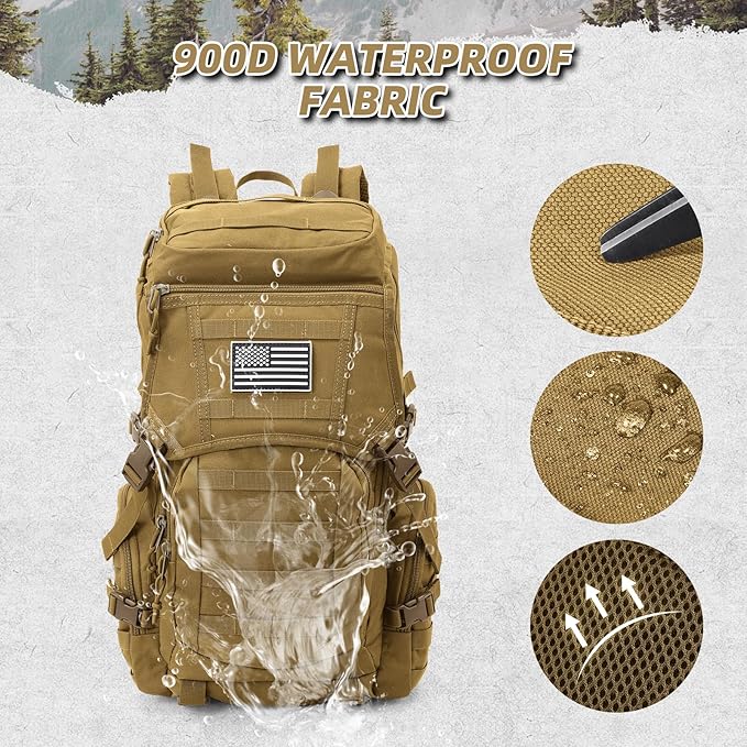 AUMENTAR 35L Military Tactical Backpack for Men,Water Resistant Assault Pack for Women,Khaki Molle Daypack 3 Day Bug Out Bag Rucksack for Trekking, Camping,Survival,EDC