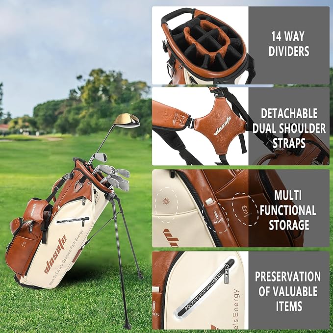 WOSOFE PU Golf Bag with 6/14 Way Top Dividers Automatically Adjustable Dual Straps Elegant Design for Men Women Pu Golf Stand Bag with Multiple Pockets