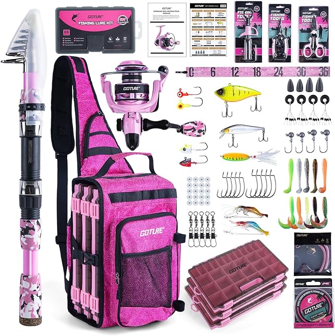 Goture Pink Fishing Rod and Reel Combo with 3700 trays - Spinning Reel Pole with Shimmering Pink Sling Bag - 8FT Telescopic Rod Kit for Starter Travel Saltwater Freshwater