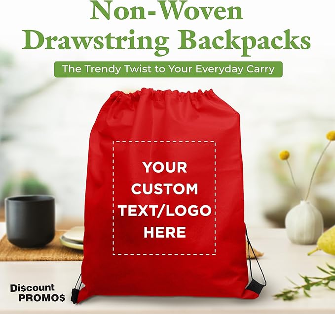 DISCOUNT PROMOS Custom Non-Woven Drawstring Backpacks Set of 10/50/100, Personalized Bulk Pack