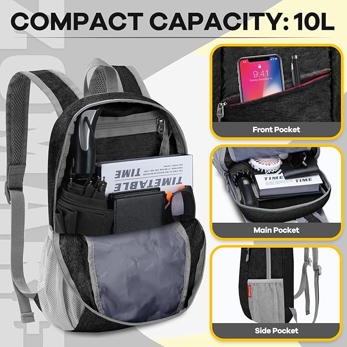 ZOMAKE Ultra Lightweight Packable Backpack 10L,Small Foldable Backpacks Hiking Water Resistant Collapsible Daypack for Women Men(Black-B1)