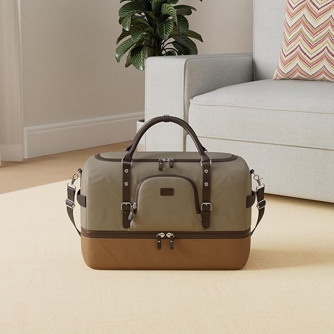 Nerlion Green Large Weekender Overnight Duffel Bag with Shoe Compartment and Leather Accents