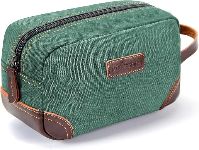 emissary Men's Toiletry Bag, Leather and Canvas Travel Toiletry Bag, Dopp Kit for Men, Travel Bathroom Bag Men's Shaving Kit, Travel Kit Small Bags for Men, Shaving Bag for Travel Accessories (Green)