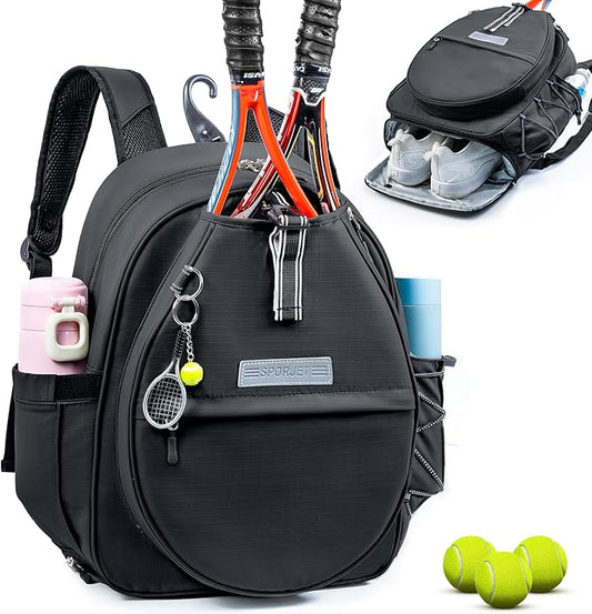 Tennis Backpack with 2 Rackets Holder, Water-Resistant PU Leather Tennis Racket Bag for Women & Men, Sling Crossbody Sports Backpack for Tennis, Pickleball & Badminton, Tennis Gifts