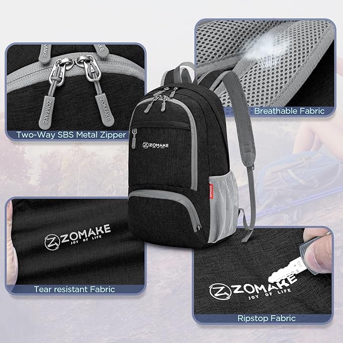 ZOMAKE Ultra Lightweight Packable Backpack 20L,Small Foldable Backpacks Hiking Water Resistant Collapsible Daypack for Women Men(Black-C2)