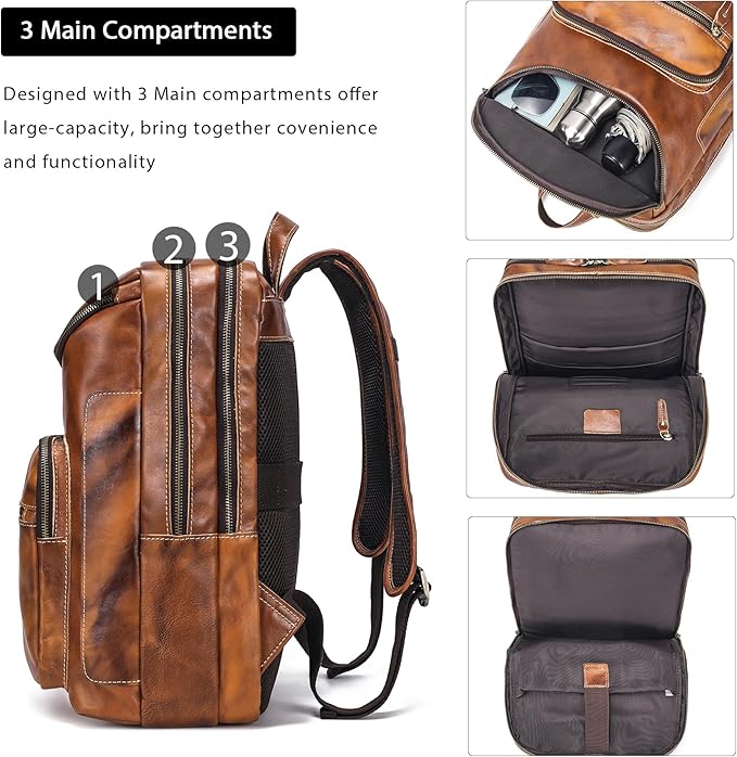 LANNSYNE Vegetable Tanned Leather Backpack For Men, 15.6" Leather Laptop Backpack Hiking Travel Bag Camping Rucksack
