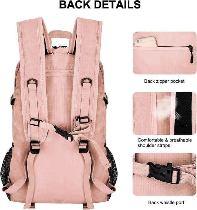 45L Hiking Backpack with Rain Cover, Lightweight Foldable Camping Backpack for Trekking, Water-Resistant Daypack with Hiking Pole & Mat Carrying System,Pink