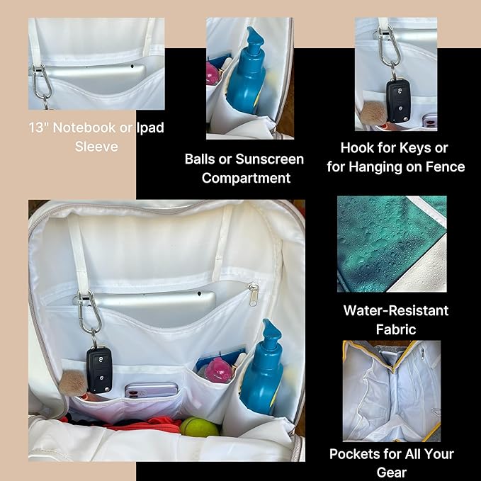 AYRES Tennis Backpack - Spacious Womens Tennis, Padel & Pickleball Bag | Quick-Access Racket Compartment (Fits 2) | Designer Tennis Bag, Water-Resistant & Easy To Clean, Makeup Pouch Included