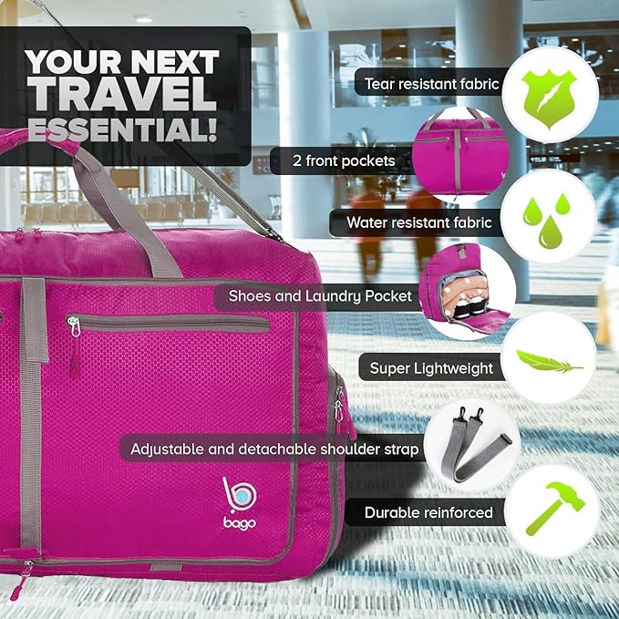 Bago Large Foldable Duffel Bags for Traveling Women & Men - 80L Packable Duffle Bag for Travel with Shoe Compartment - Water Repellant, Heavy Duty, Lightweight Folding & Collapsible (Pink)