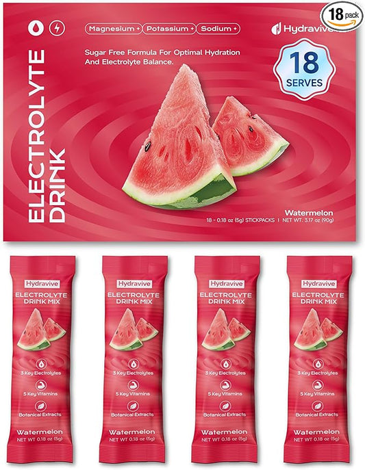 Electrolyte Powder 18 Packs – Sugar Free Liquid Daily IV Drink Mix | 1,000mg Total of 5 Electrolytes, 5 Vitamins | Ashwagandha, L-Theanine | Non-GMO for Rapid Hydration | Watermelon