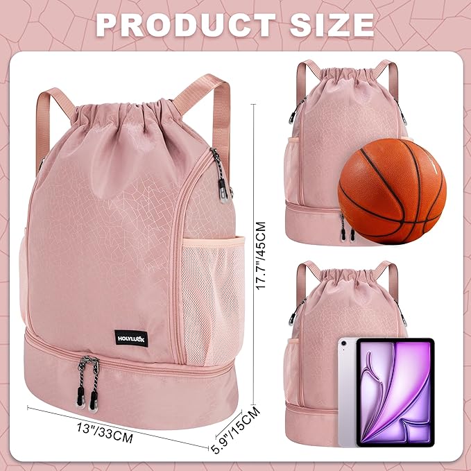 HOLYLUCK Drawstring Backpack with Shoe Compartment, Gym Bag Backpack for Women Men, Cinch Swim Beach Bag String Sports Bag for Soccer and Basketball, Pink
