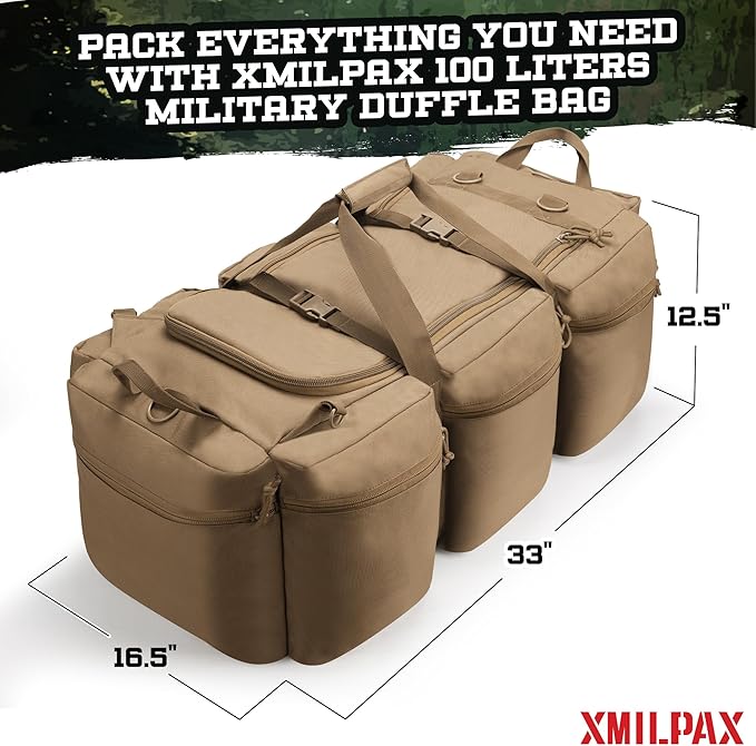 100L Large Military Duffle Bag Deployment Duffel Bag Sports Equipment Travel Luggage Bag with Detachable Backpack Straps…