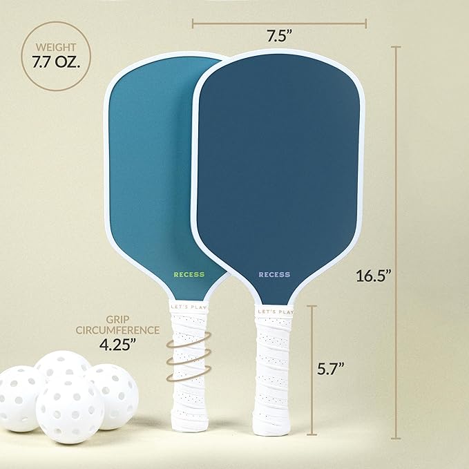 Recess Pickleball Starter Set of Premium Pickleball Paddles and Four (4) Pickle Balls - Lightweight, Honeycomb Core & Comfort Grip Handles - Perfect for Beginners